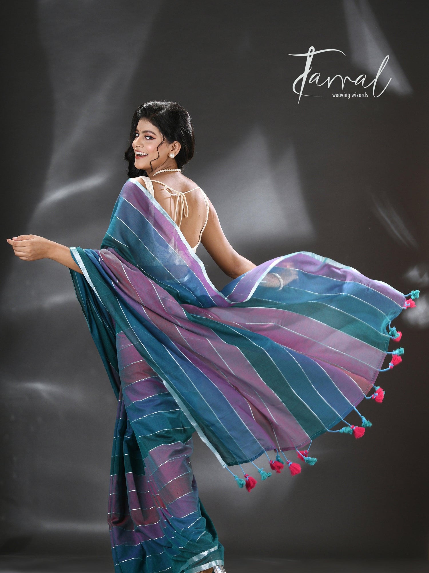 Purple and tale blue colour pure mul cotton handloom saree