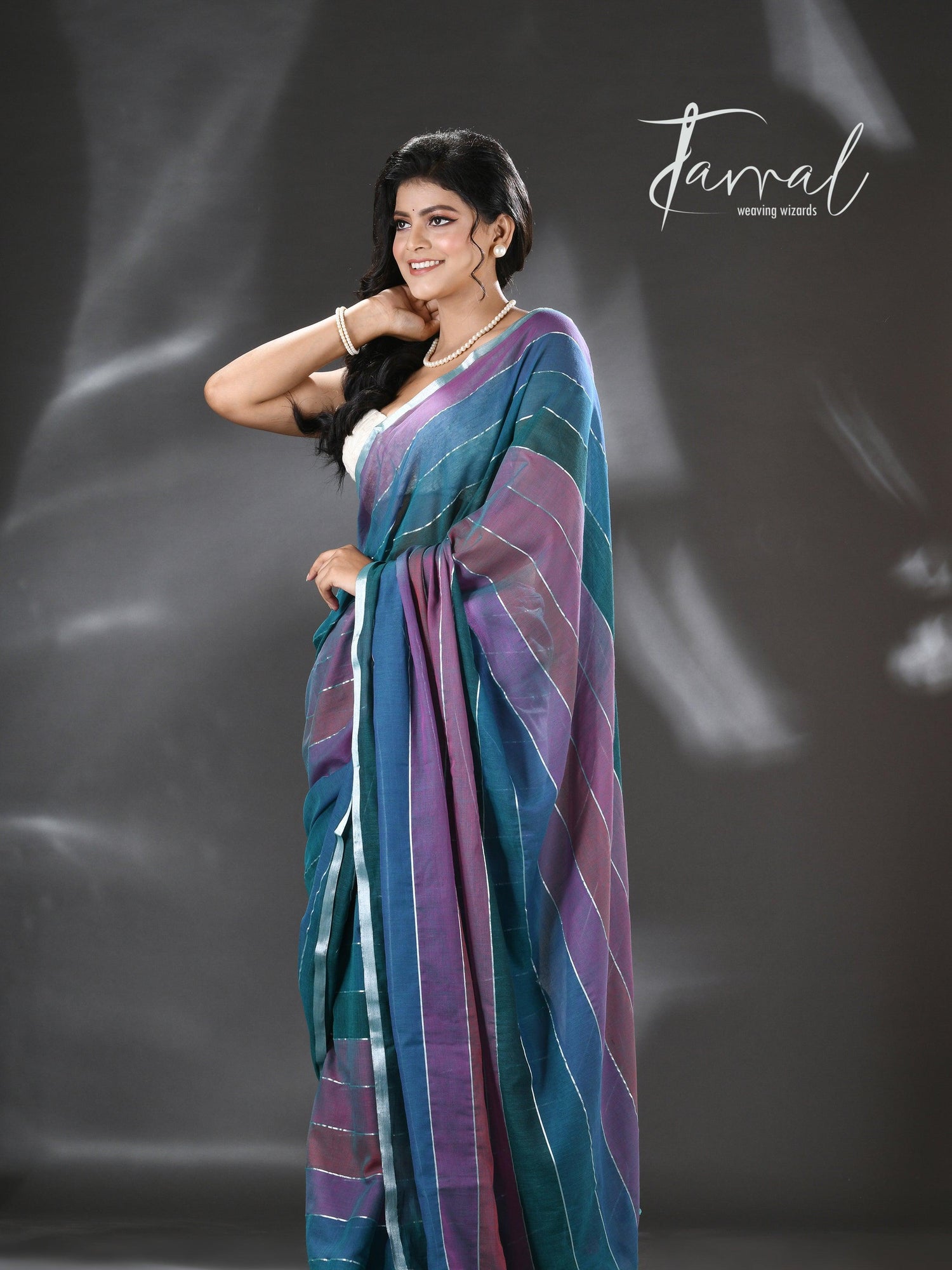 Purple and tale blue colour pure mul cotton handloom saree