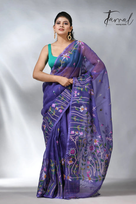 Purple colour floral handwoven jamdani saree in muslin silk