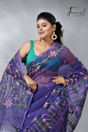 Purple colour floral handwoven jamdani saree in muslin silk