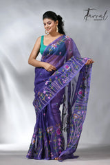 Purple colour floral handwoven jamdani saree in muslin silk