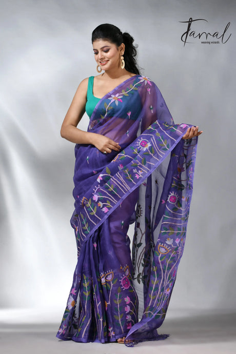 Purple colour floral handwoven jamdani saree in muslin silk