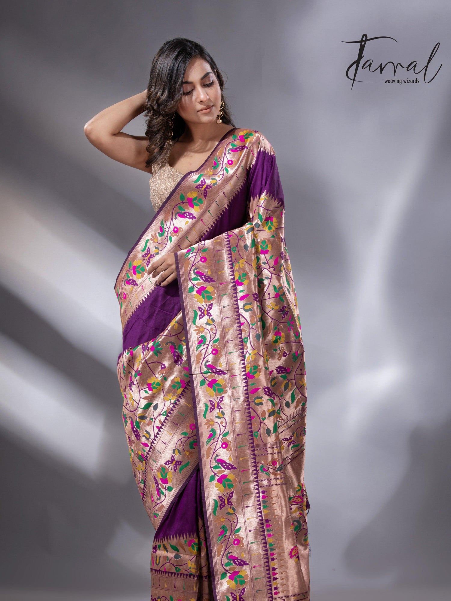 Purple gold majesty Kanchipuram handloom silk paithani saree full1