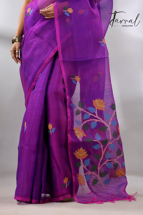 Purple with multicolour muslin silk handwoven floral buta jamdani saree - Tamal Boutique