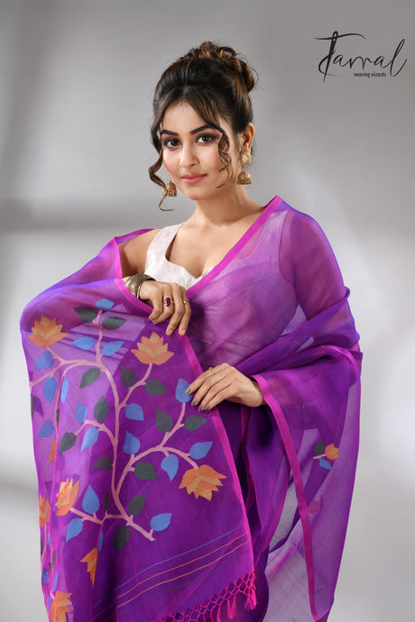 Purple with multicolour muslin silk handwoven floral buta jamdani saree - Tamal Boutique