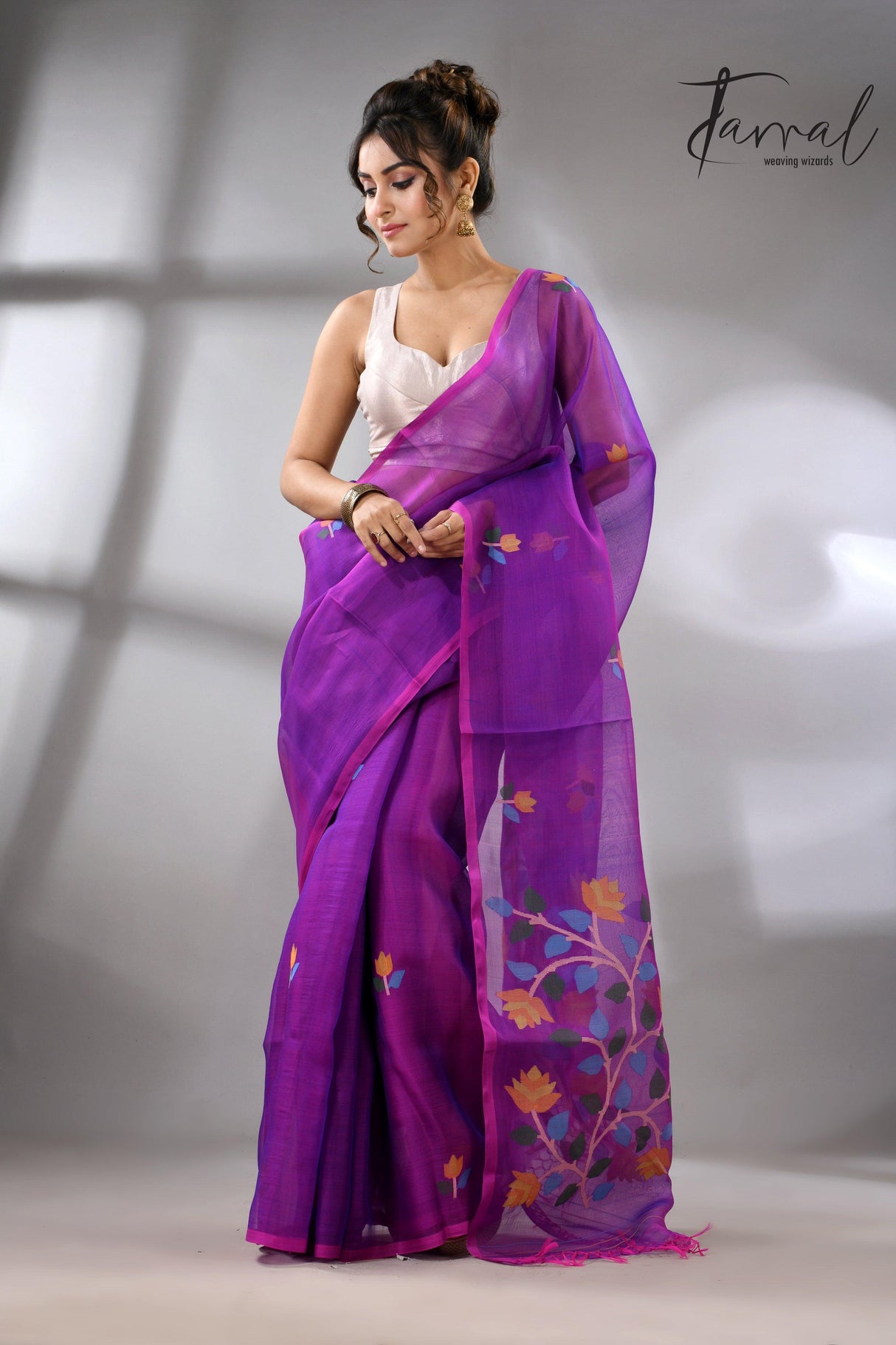 Purple with multicolour muslin silk handwoven floral buta jamdani saree - Tamal Boutique