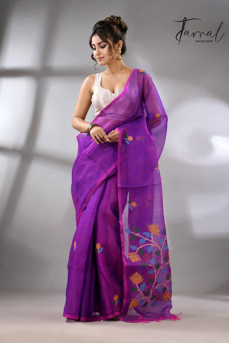 Purple with multicolour muslin silk handwoven floral buta jamdani saree - Tamal Boutique