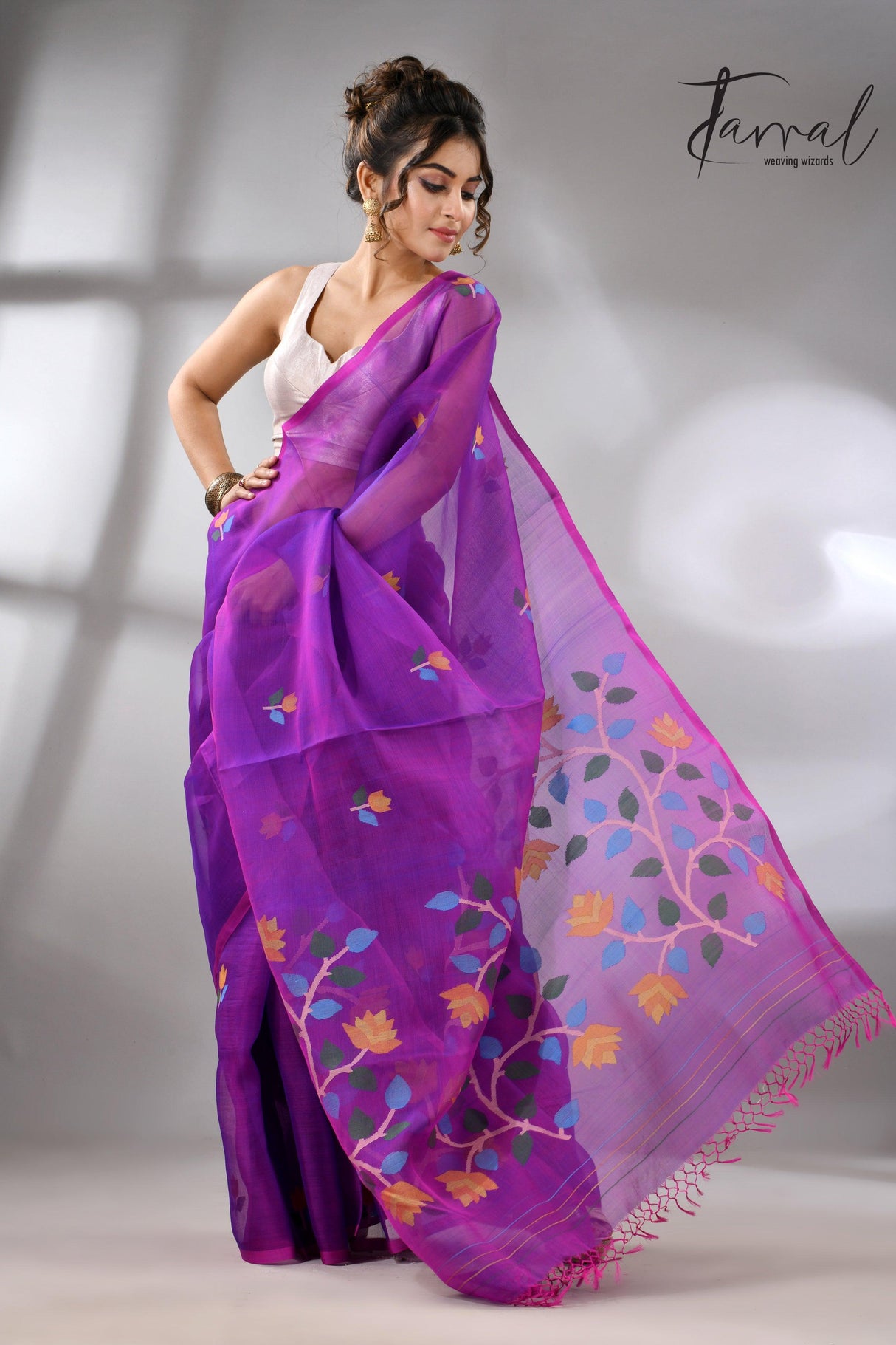 Purple with multicolour muslin silk handwoven floral buta jamdani saree - Tamal Boutique