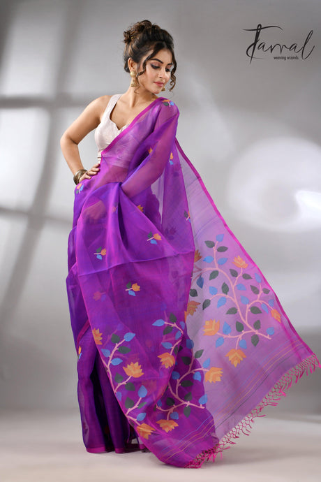 Purple with multicolour muslin silk handwoven floral buta jamdani saree - Tamal Boutique