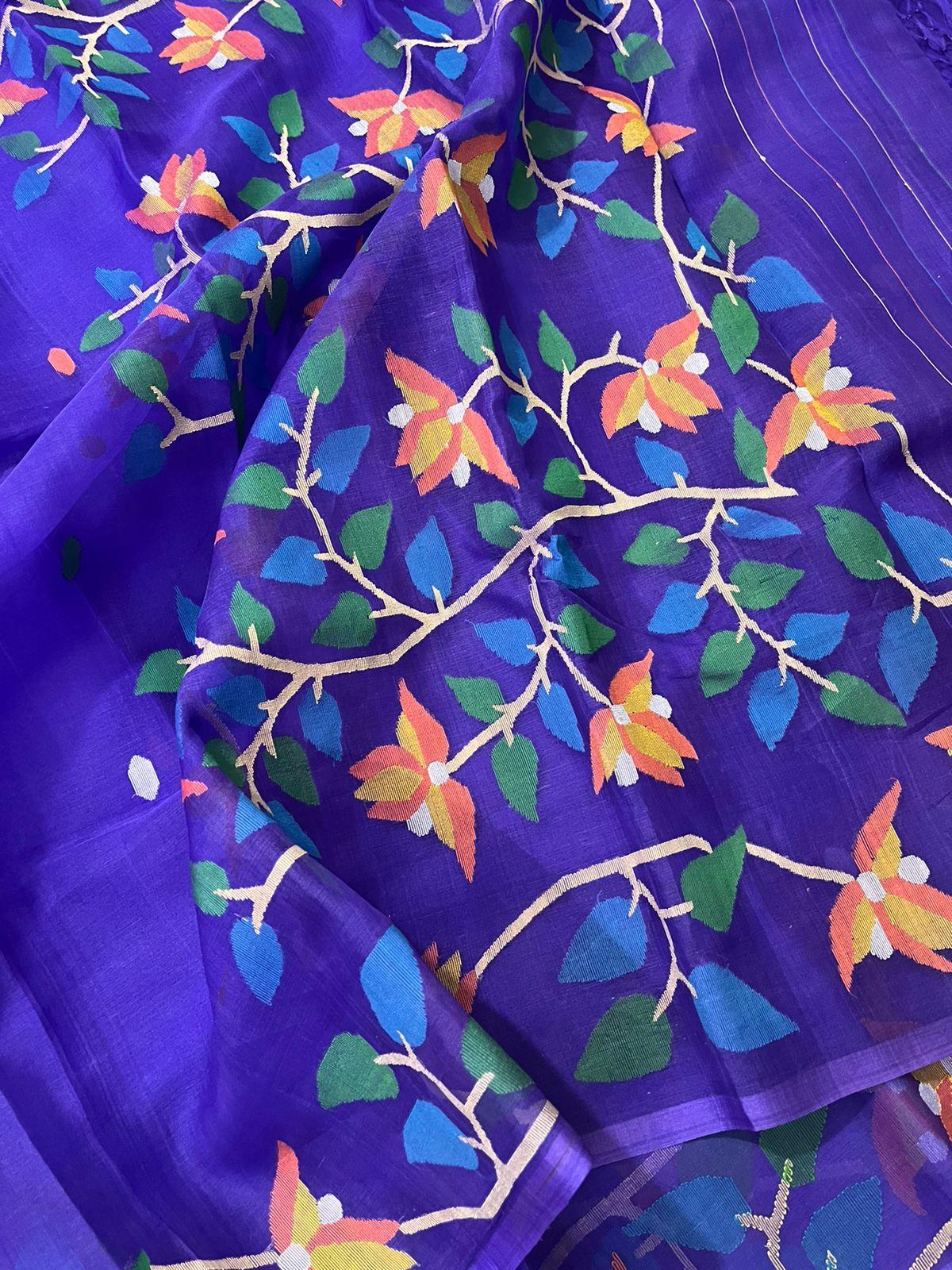 Purple with multicolour floral handwoven muslin silk jamdani saree - Tamal Boutique