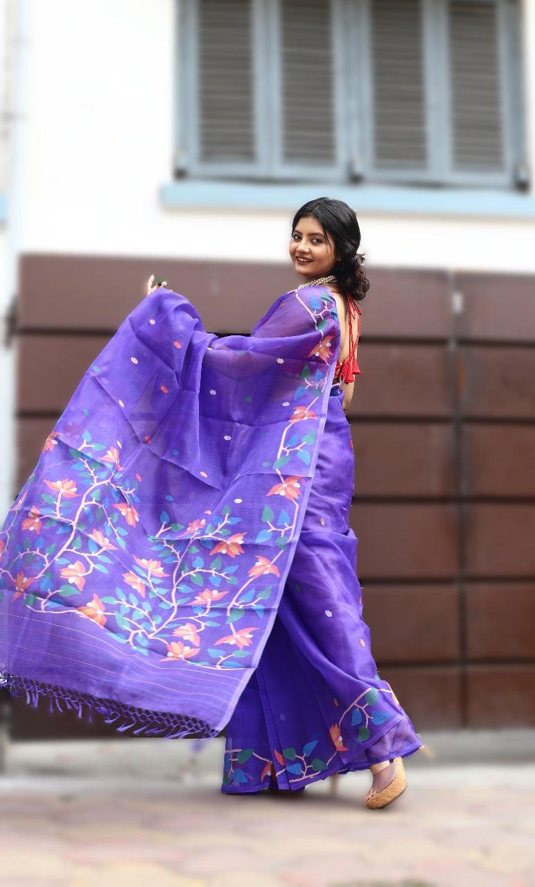 Purple with multicolour floral handwoven muslin silk jamdani saree - Tamal Boutique
