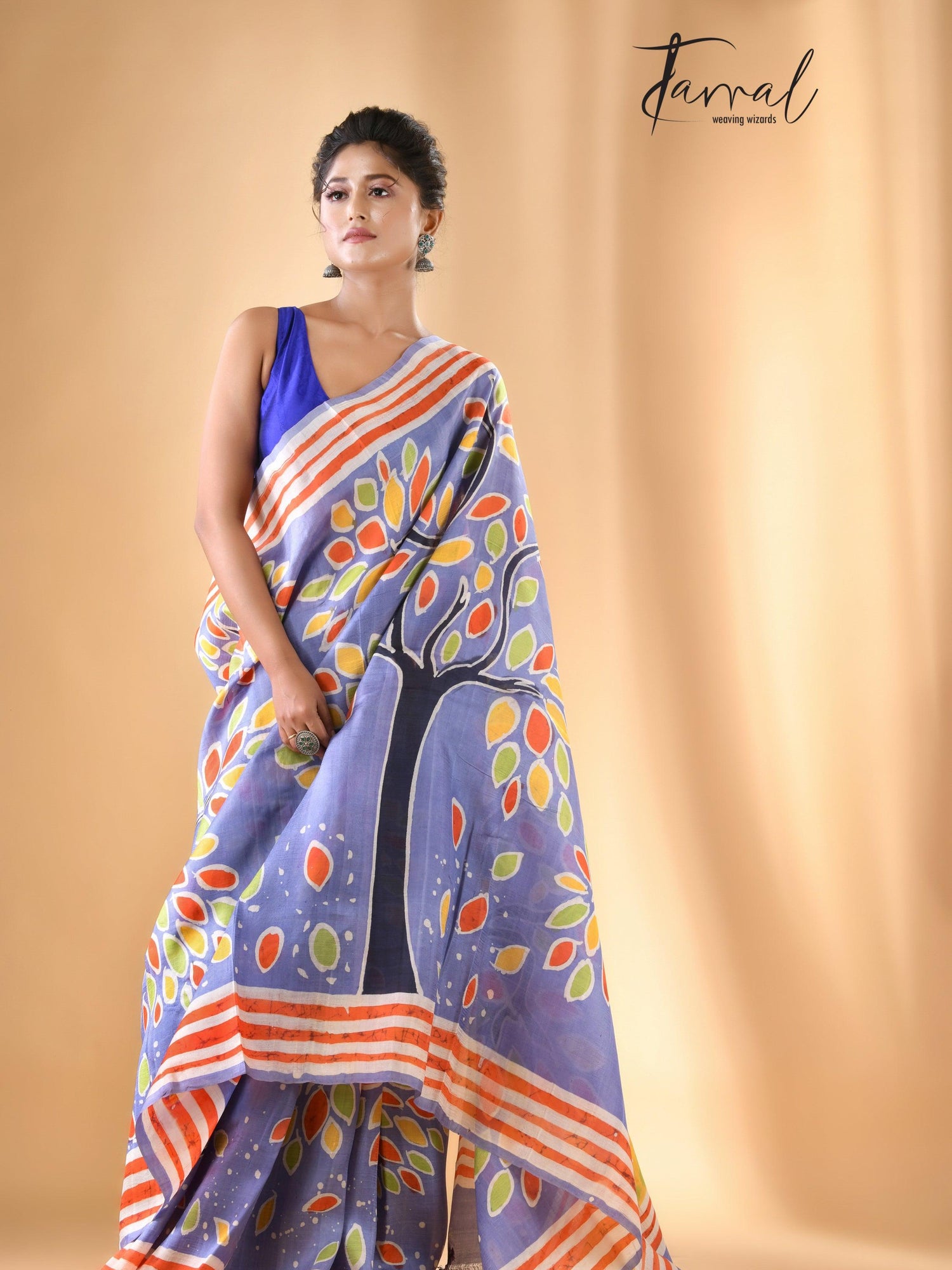 Purple with multicolor tree handcrafted pure batik silk saree