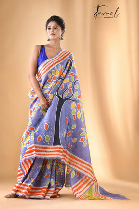 Purple with multicolor tree handcrafted pure batik silk saree