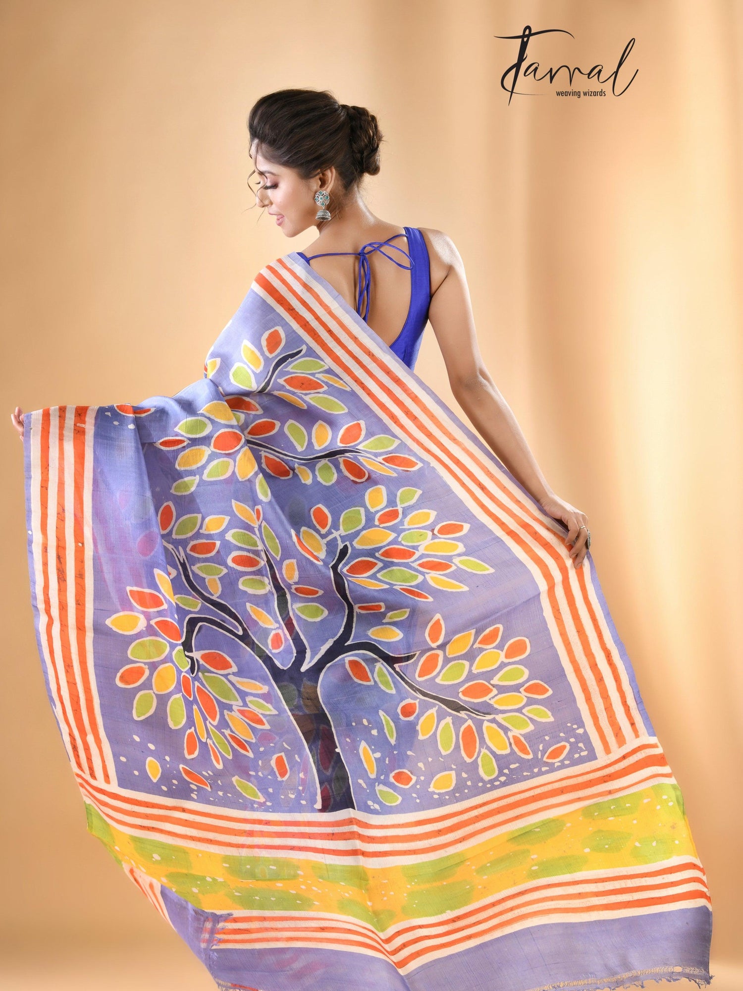 Purple with multicolor tree handcrafted pure batik silk saree