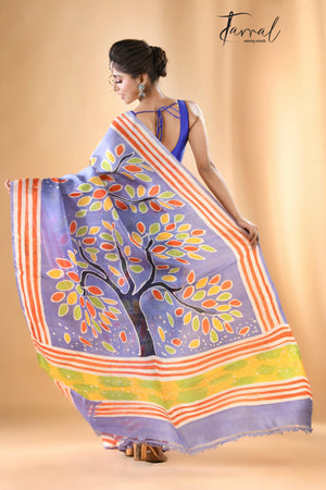 Purple with multicolor tree handcrafted pure batik silk saree
