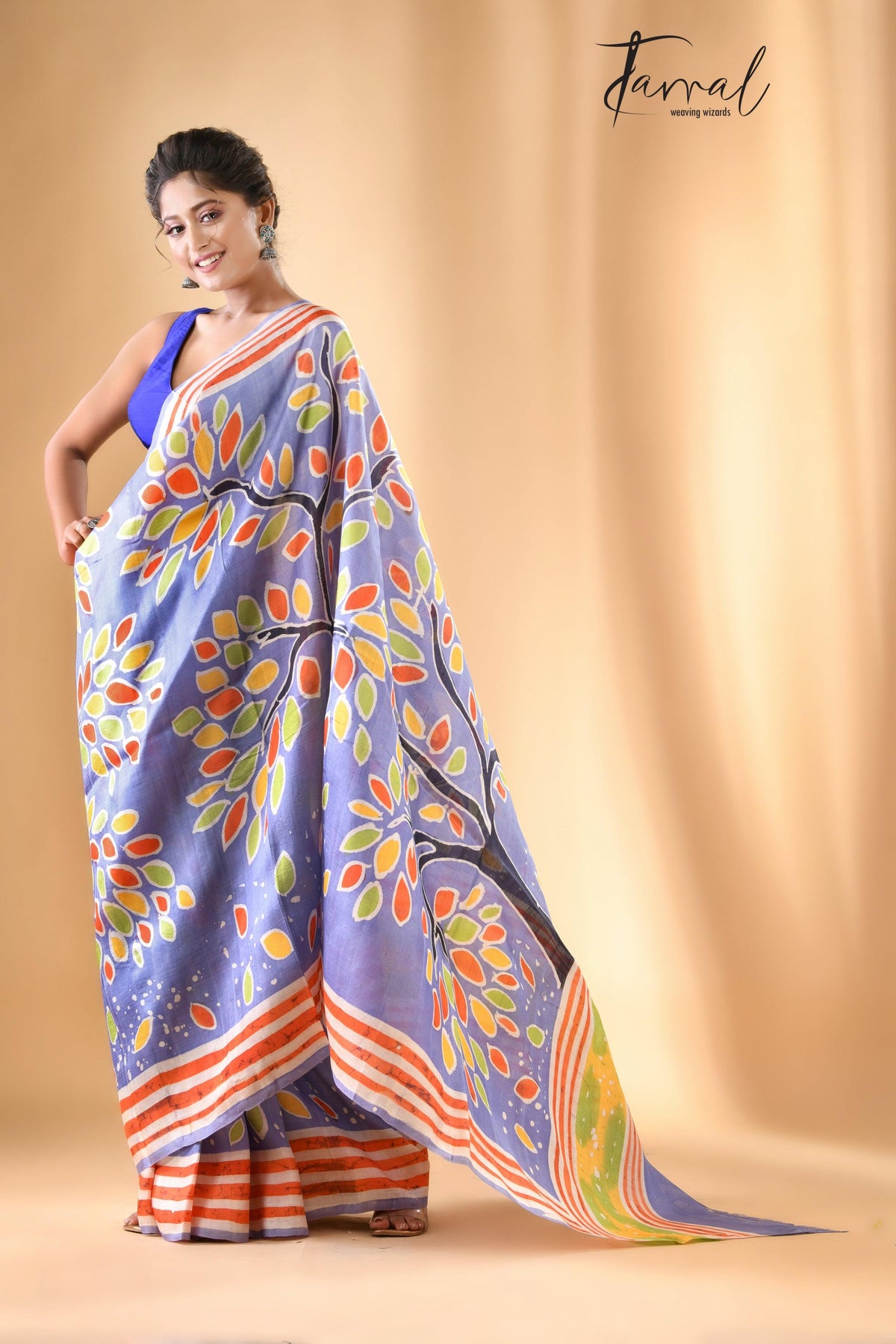 Purple with multicolor tree handcrafted pure batik silk saree