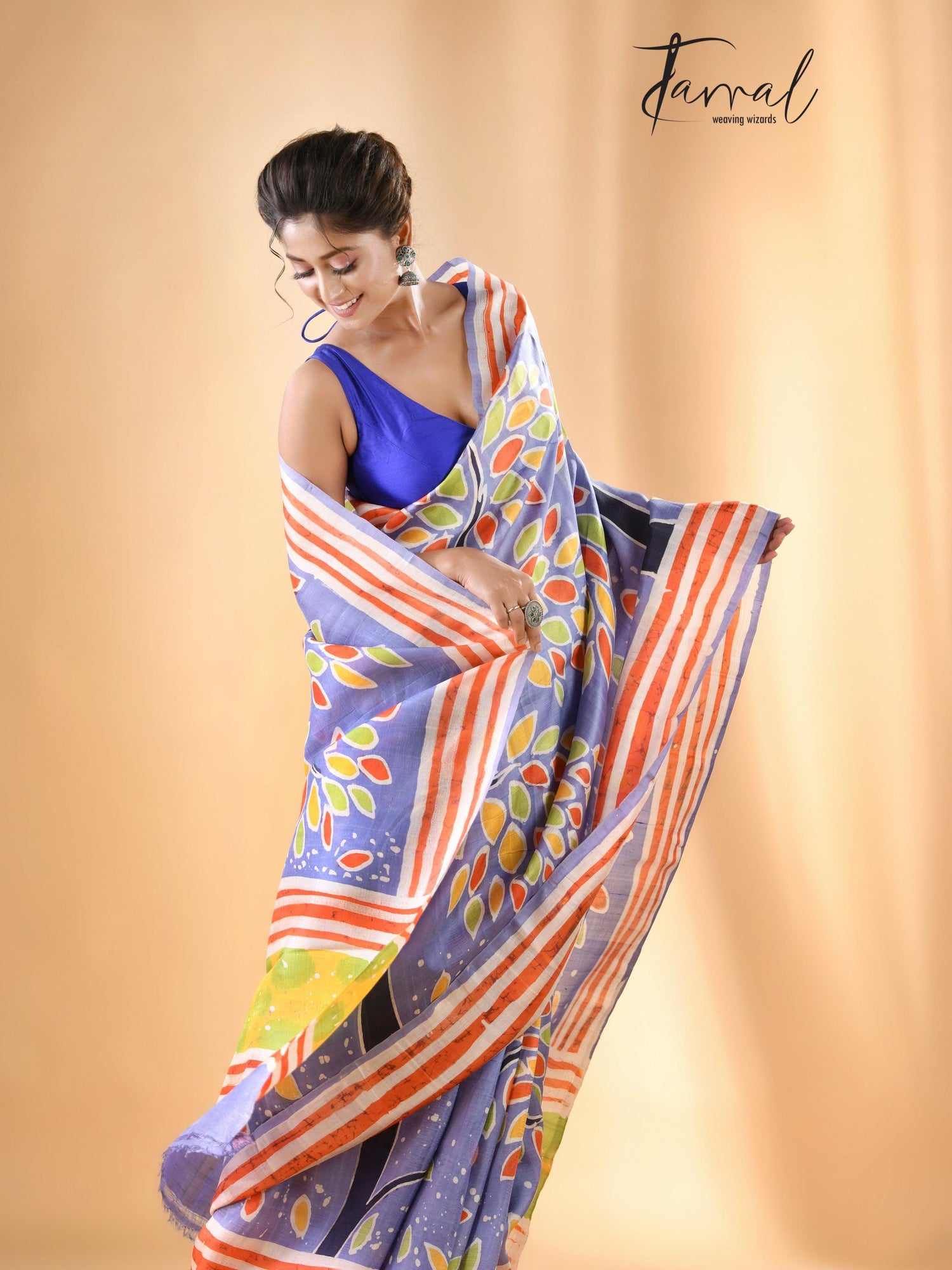 Purple with multicolor tree handcrafted pure batik silk saree