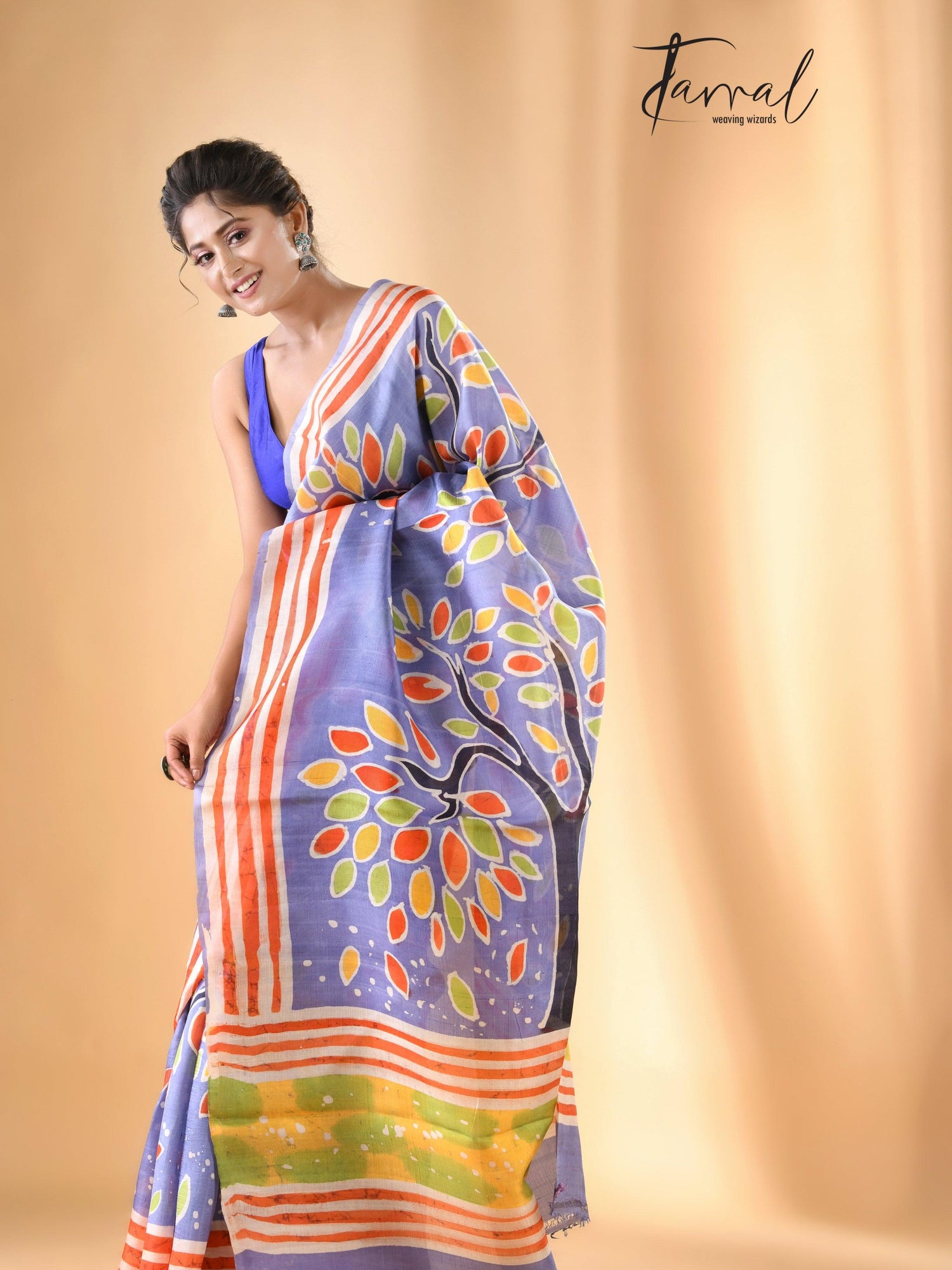 Purple with multicolor tree handcrafted pure batik silk saree