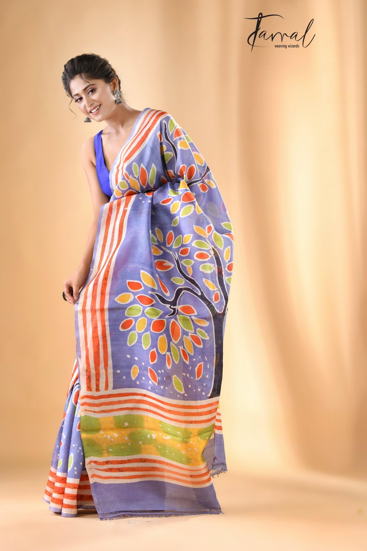 Purple with multicolor tree handcrafted pure batik silk saree