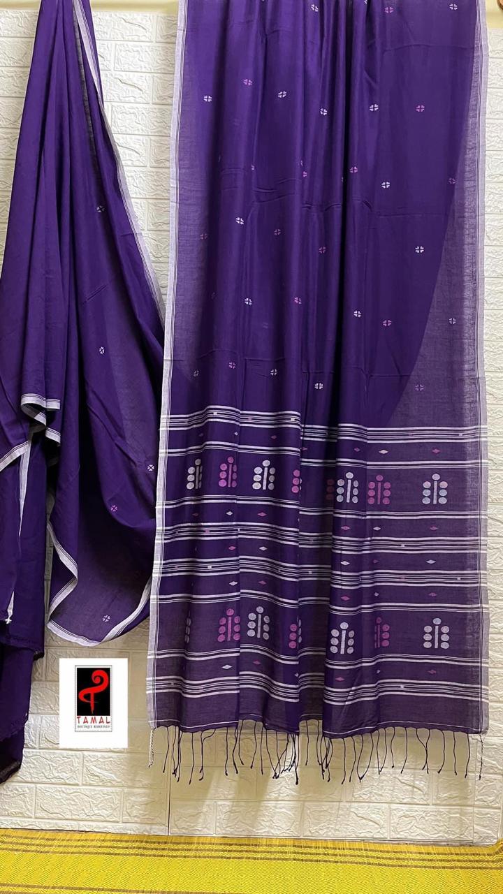 Purple with white border pure cotton handwoven jamdani saree