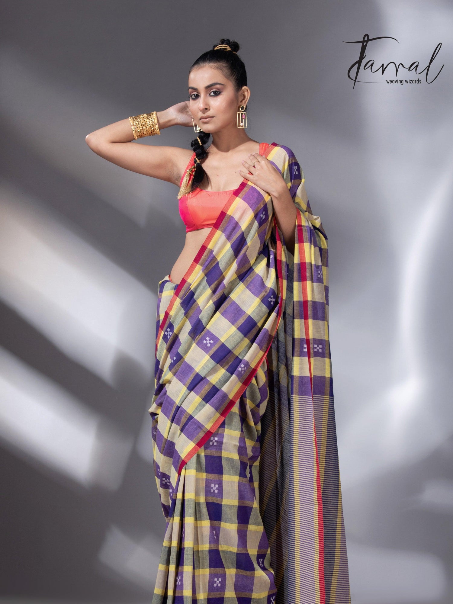 Purple with yellow & red pure cotton handwoven jamdani saree