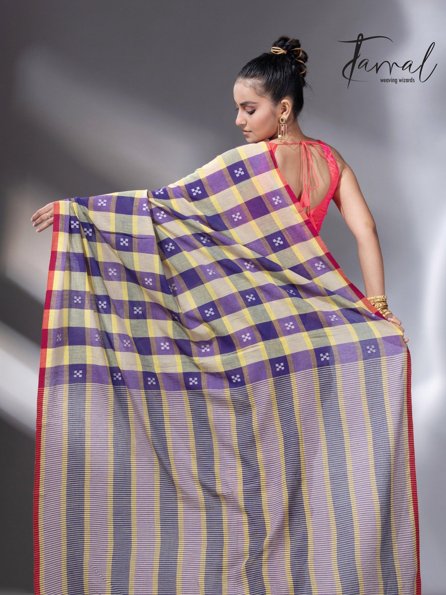 Purple with yellow & red pure cotton handwoven jamdani saree