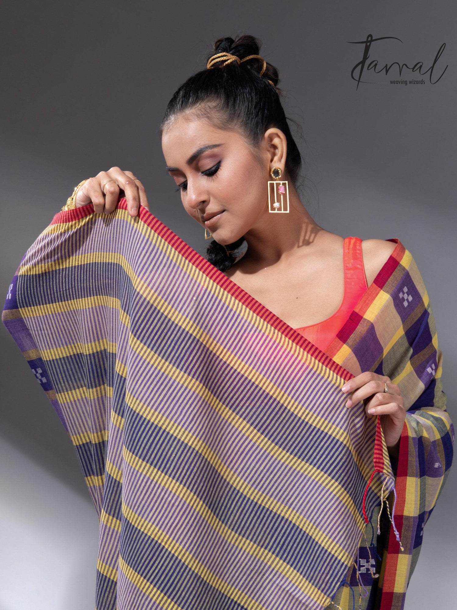 Purple with yellow & red pure cotton handwoven jamdani saree