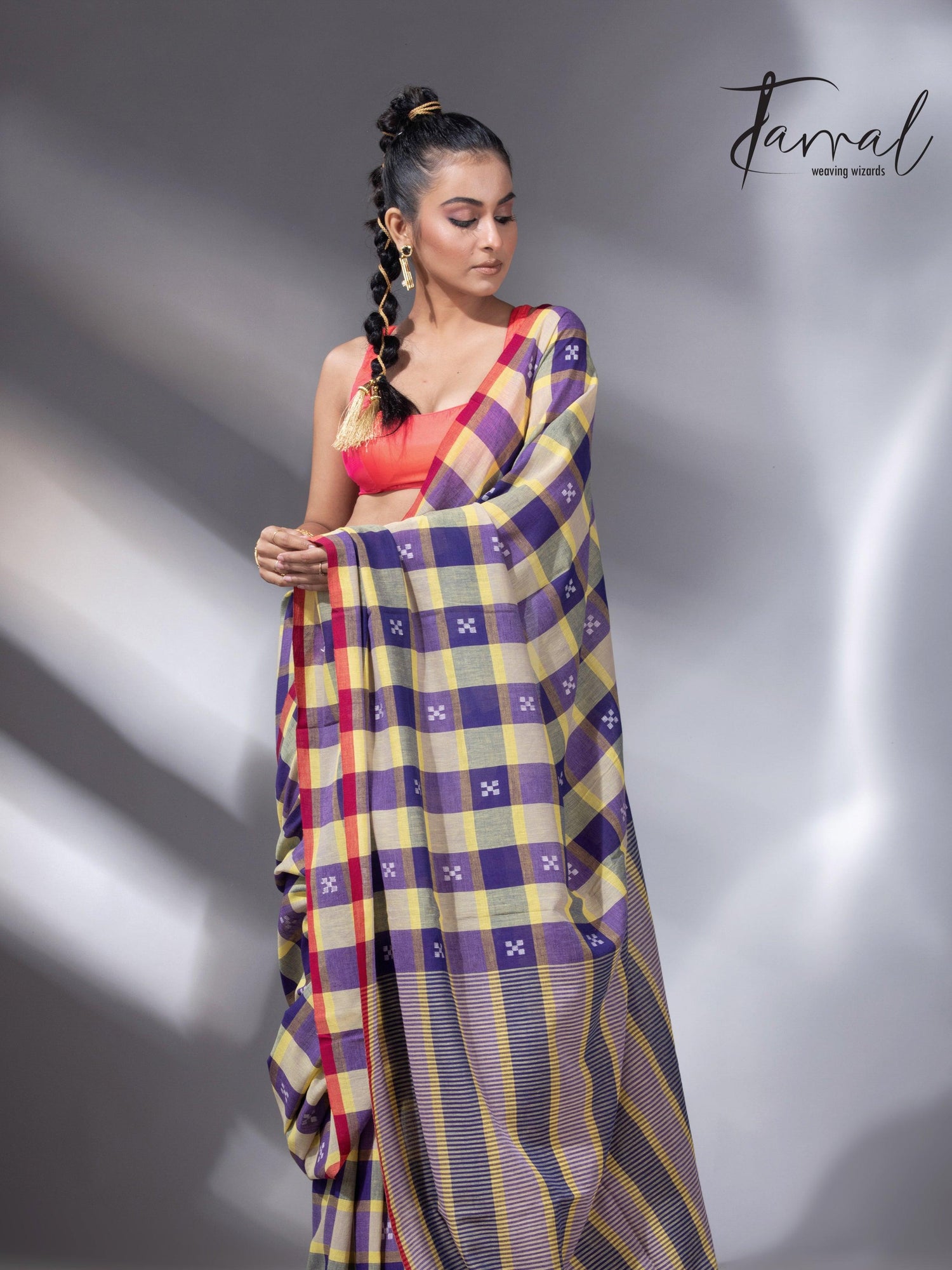 Purple with yellow & red pure cotton handwoven jamdani saree