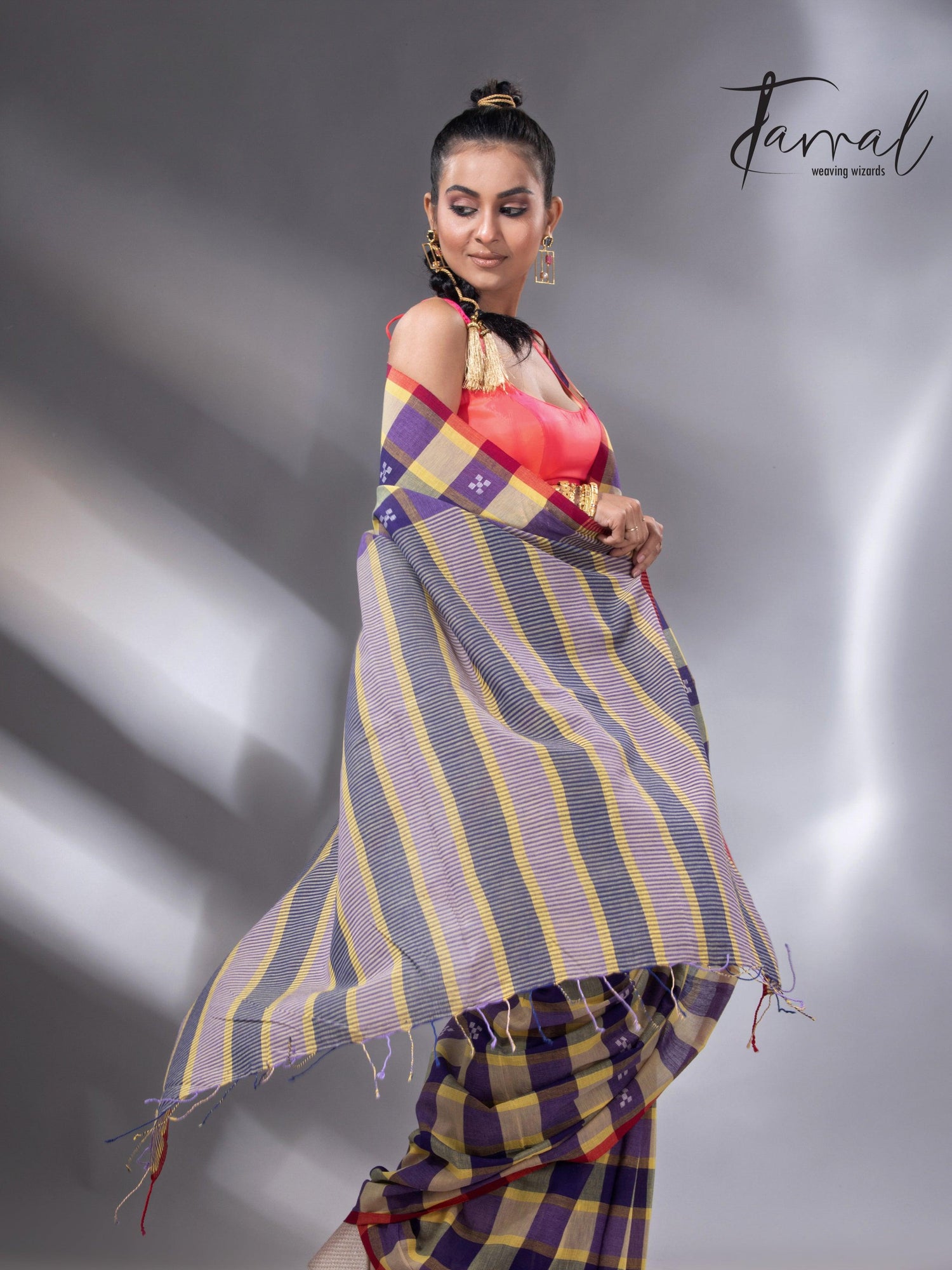 Purple with yellow & red pure cotton handwoven jamdani saree