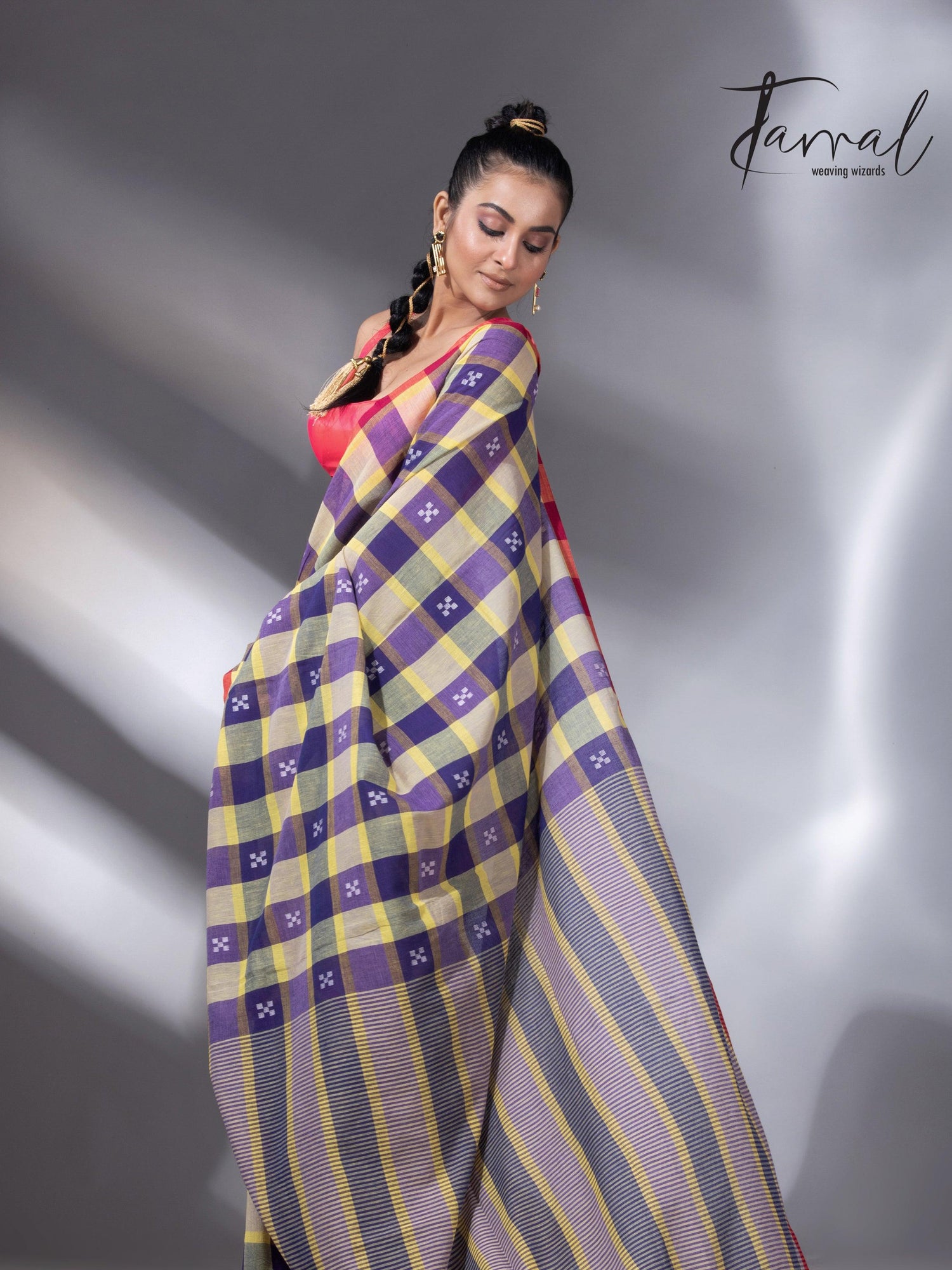 Purple with yellow & red pure cotton handwoven jamdani saree