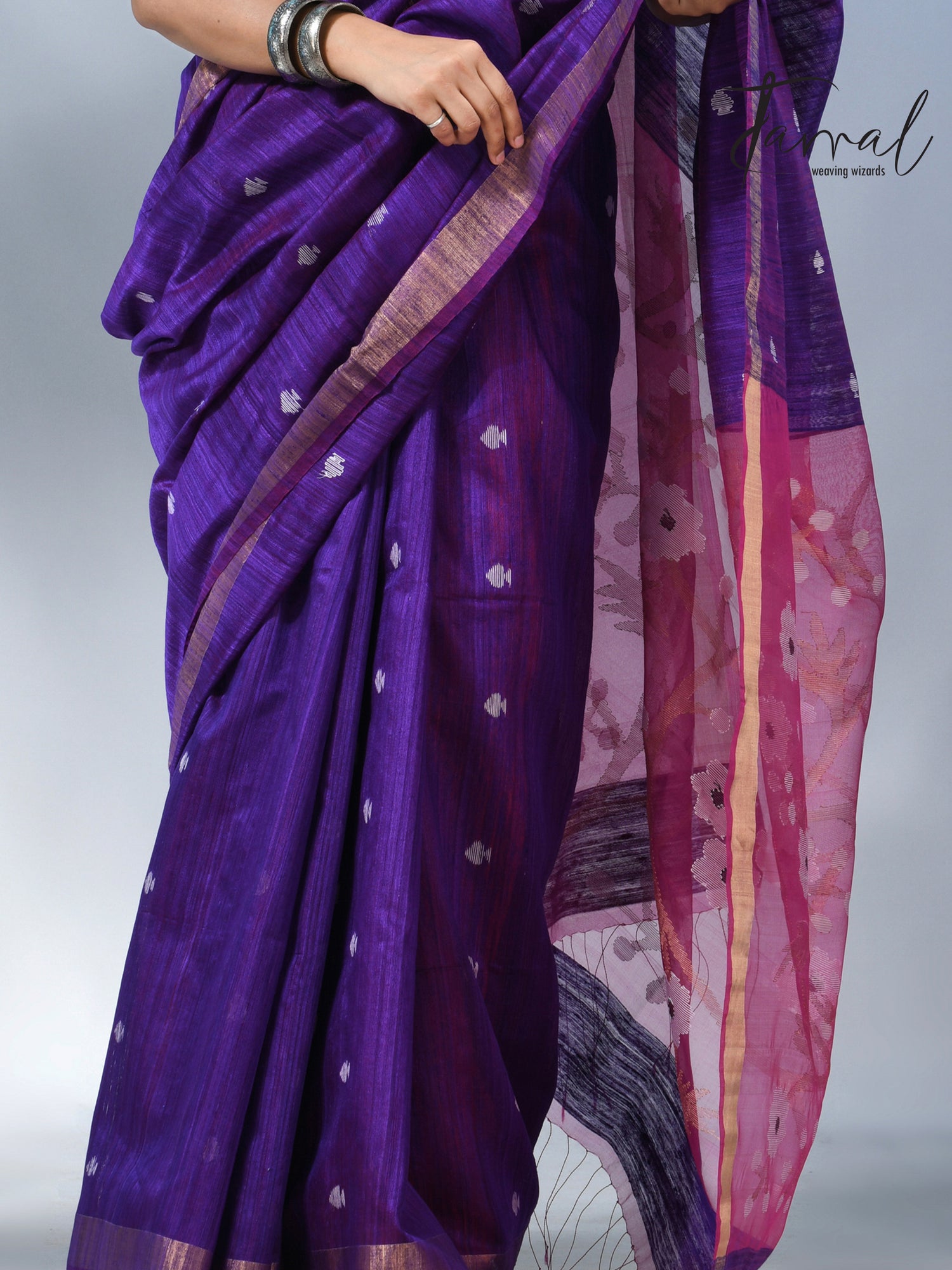 Purple with zari border matka silk handwoven jamdani saree