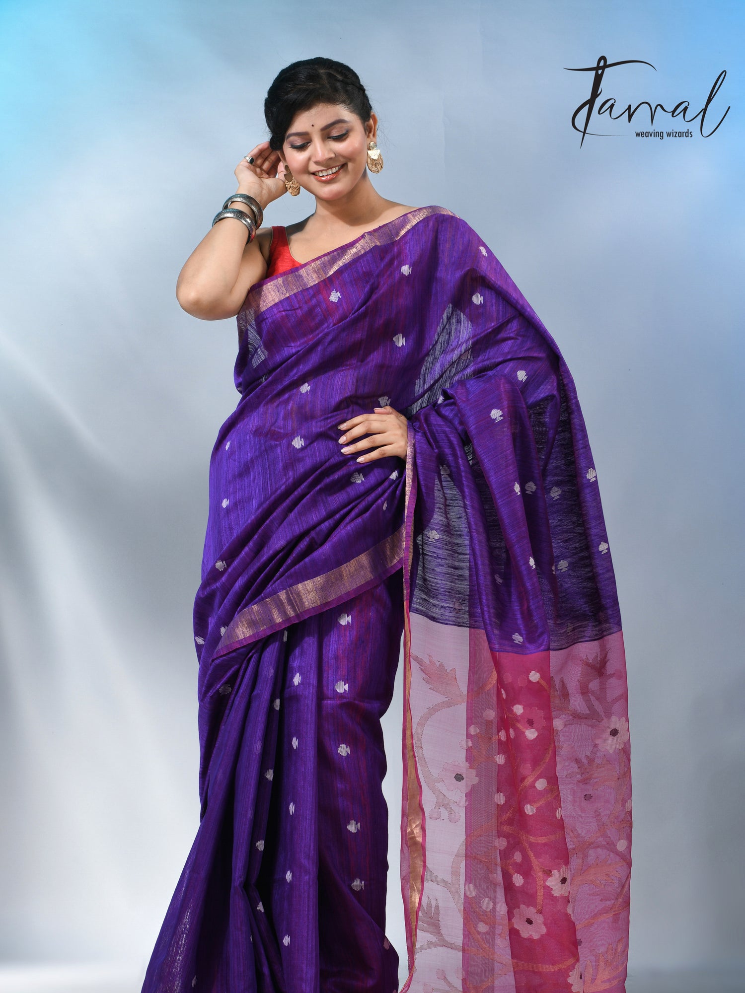 Purple with zari border matka silk handwoven jamdani saree