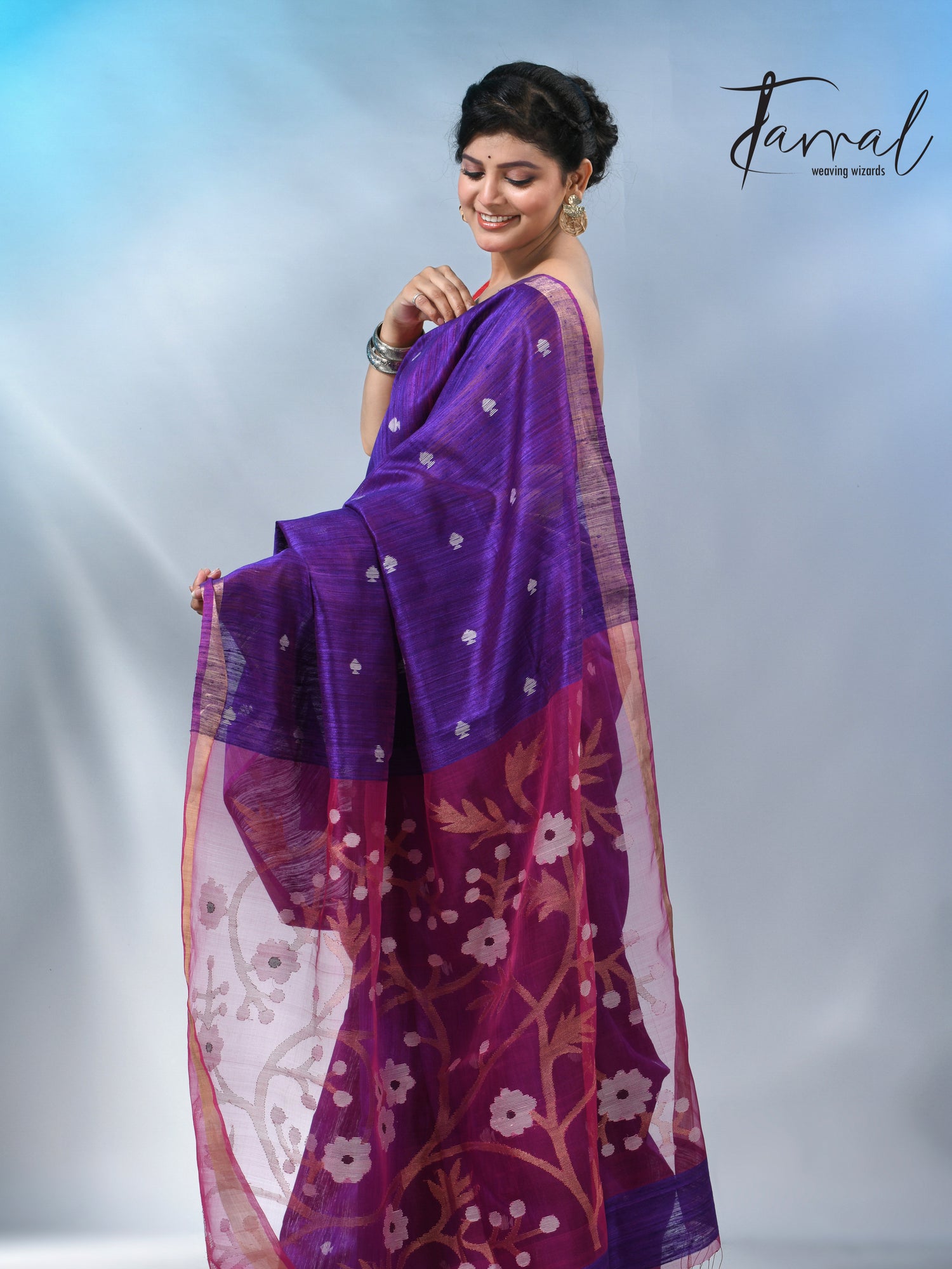 Purple with zari border matka silk handwoven jamdani saree