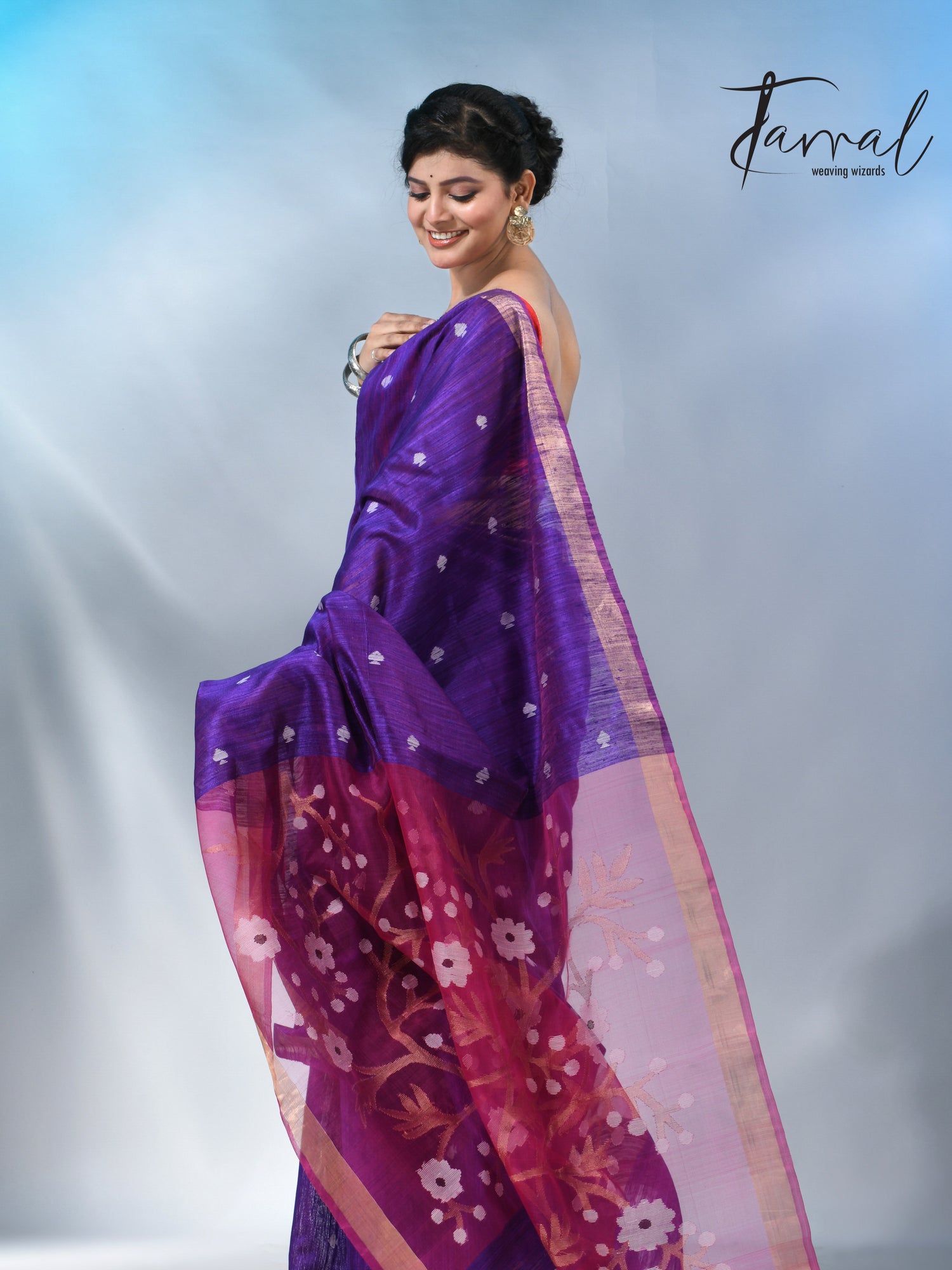 Purple with zari border matka silk handwoven jamdani saree