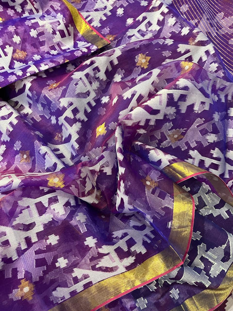 Purple with zari border organza silk handloom jacquard jamdani saree