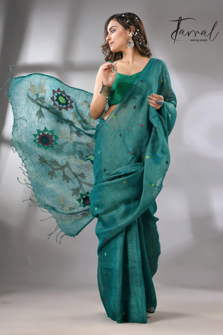 Raja Green Pure Linen Handwoven Jamdani Saree Multicolor