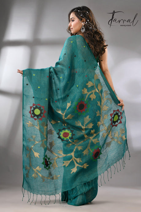 Raja Green Pure Linen Handwoven Jamdani Saree Multicolor back