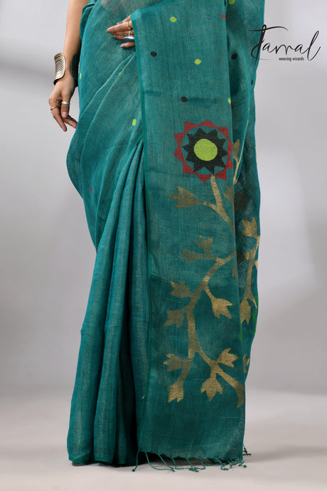 Raja Green Pure Linen Handwoven Jamdani Saree Multicolor bottom