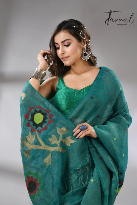 Raja Green Pure Linen Handwoven Jamdani Saree Multicolor cls