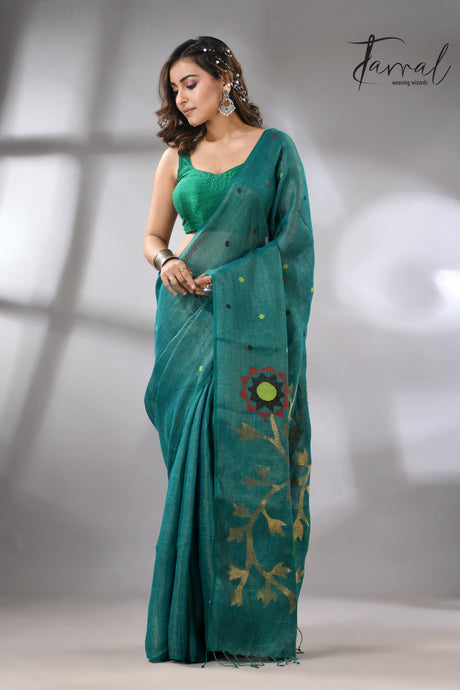 Raja Green Pure Linen Handwoven Jamdani Saree Multicolor full2