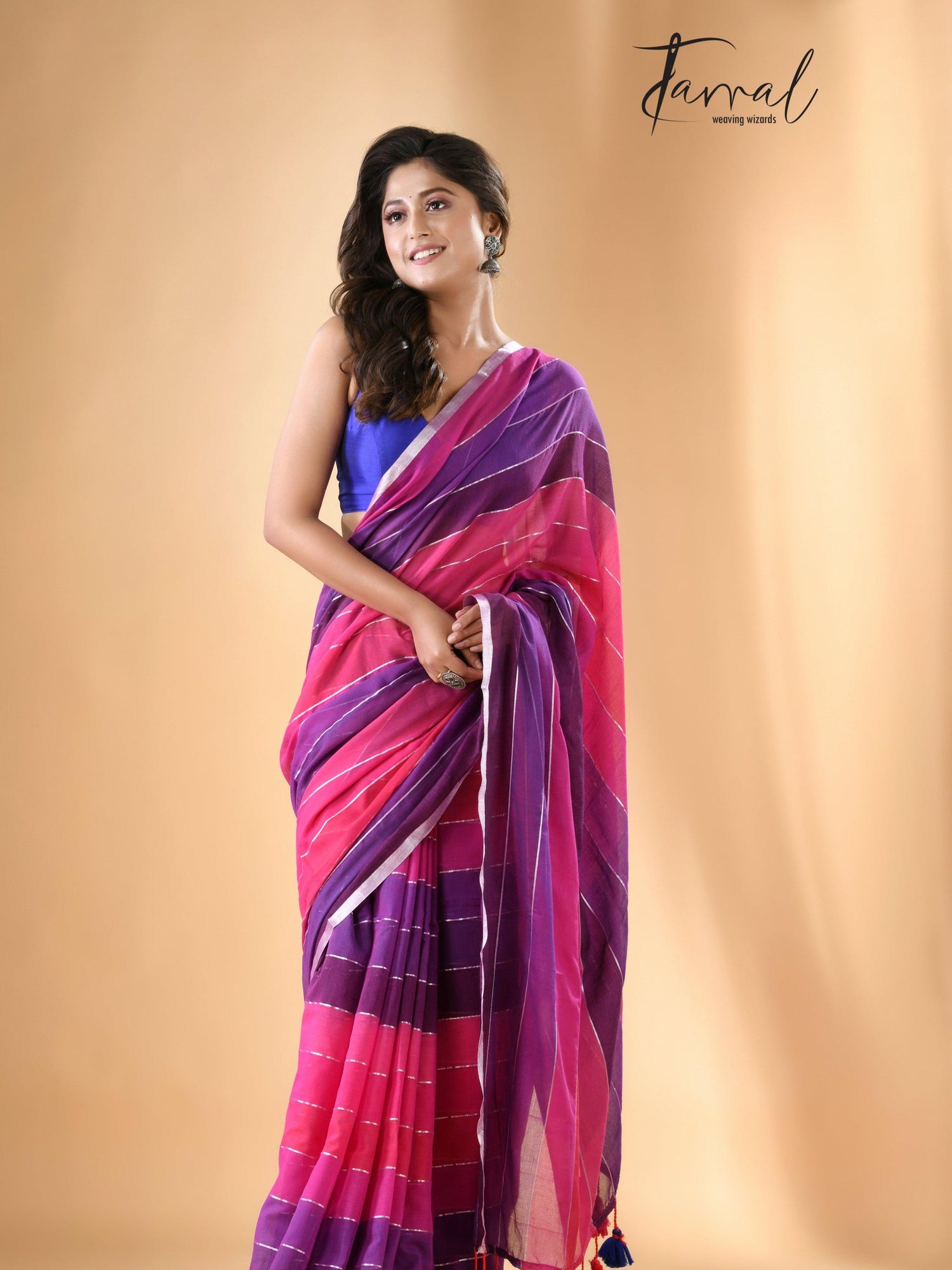 Rani & purple colour with zari border pure mul cotton saree