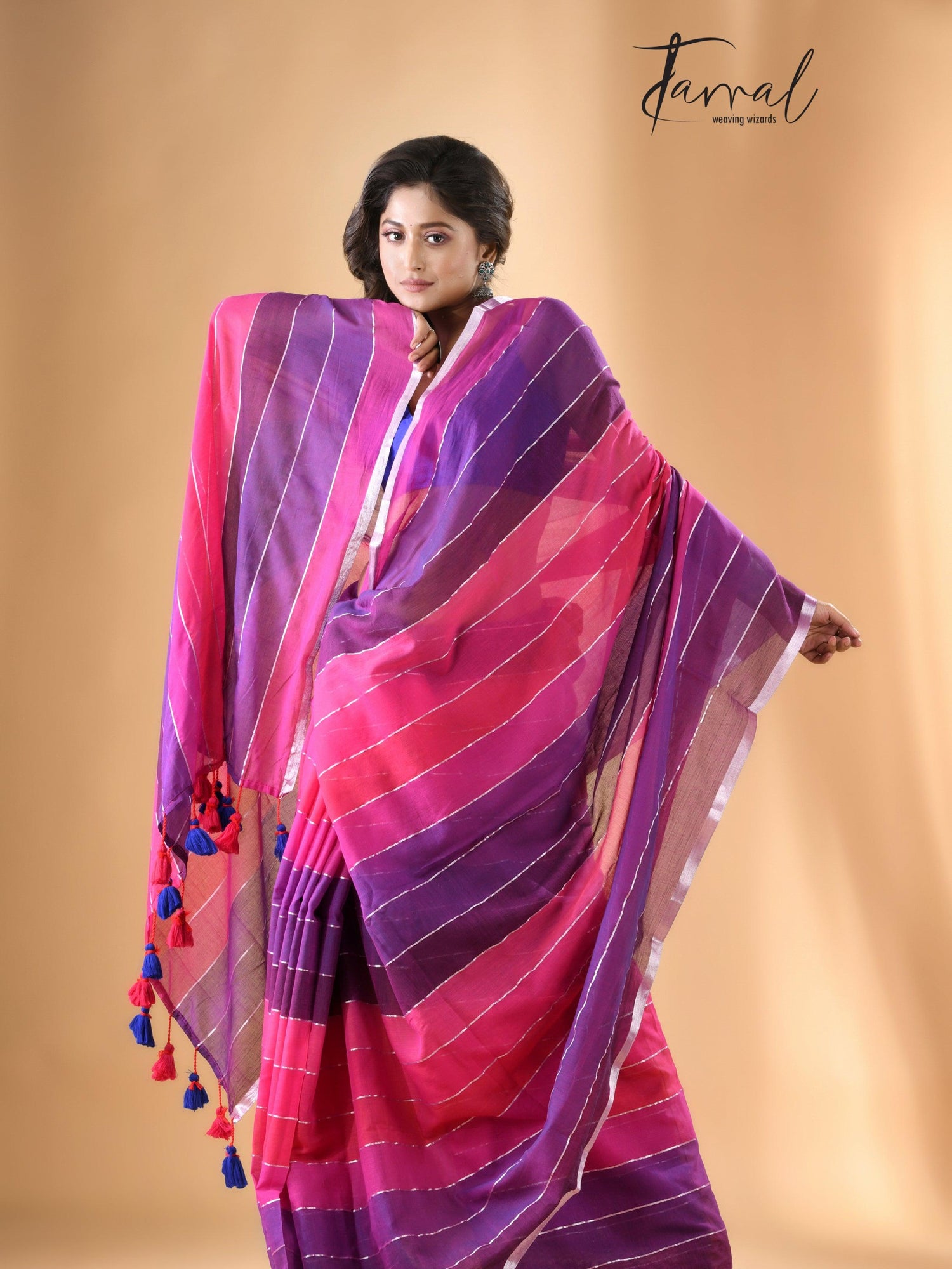 Rani & purple colour with zari border pure mul cotton saree
