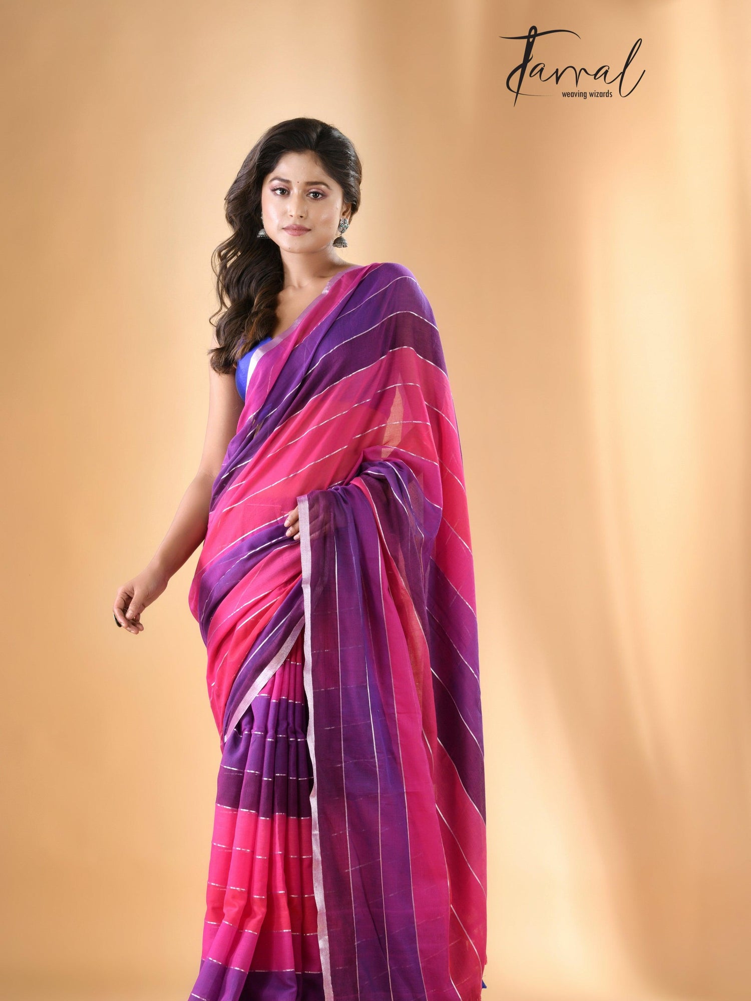 Rani & purple colour with zari border pure mul cotton saree