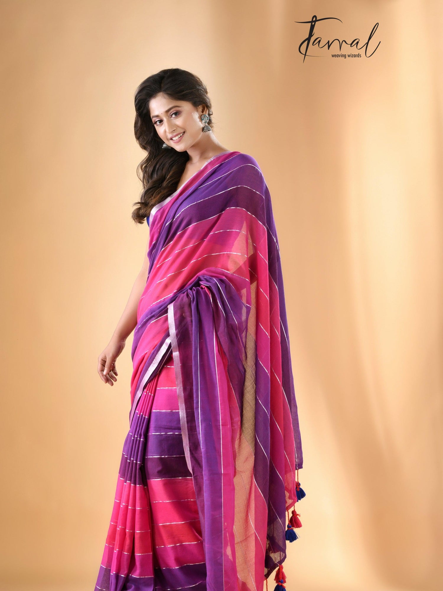Rani & purple colour with zari border pure mul cotton saree