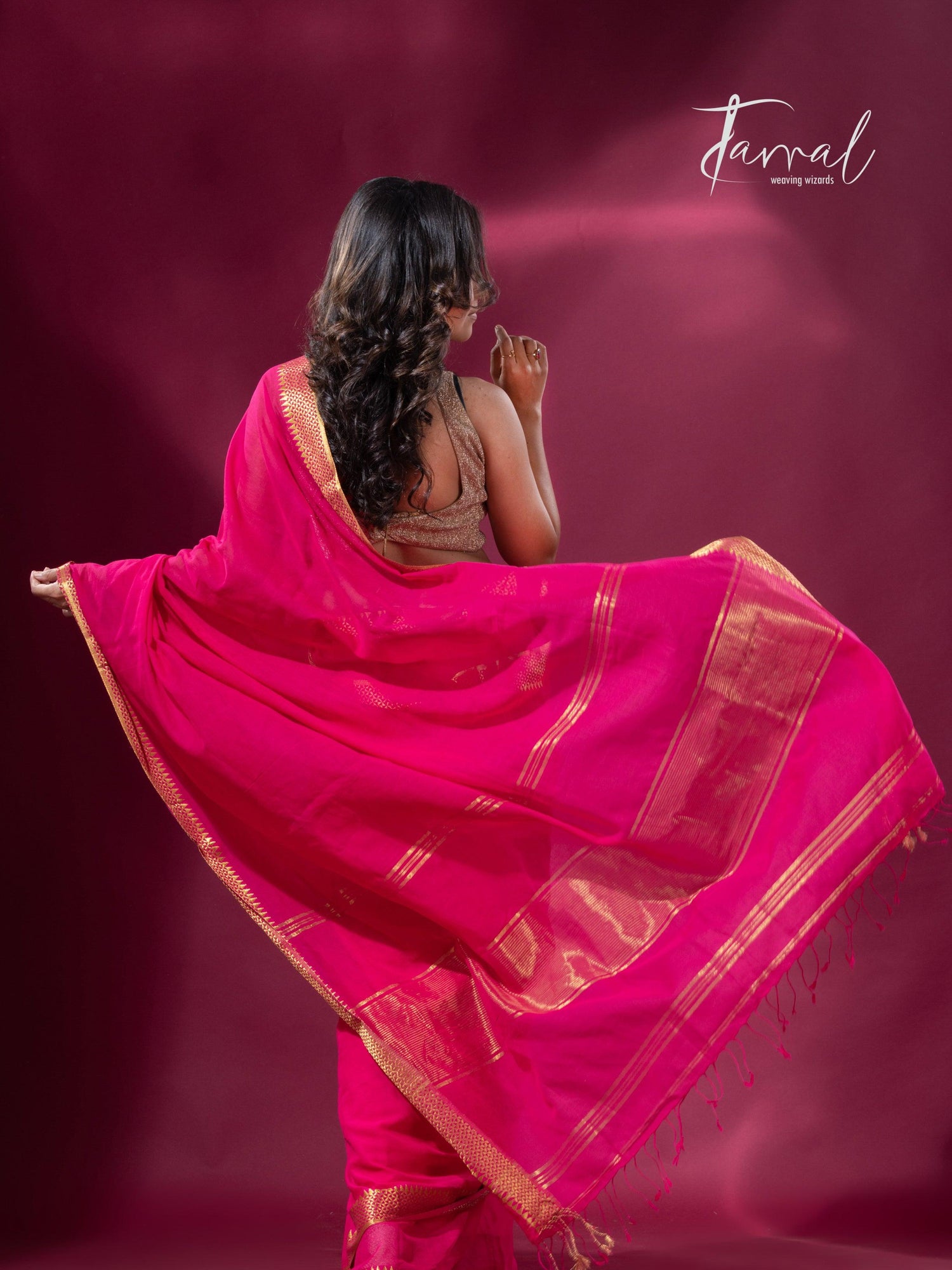 Rani with golden zari border pure mul cotton handloom saree