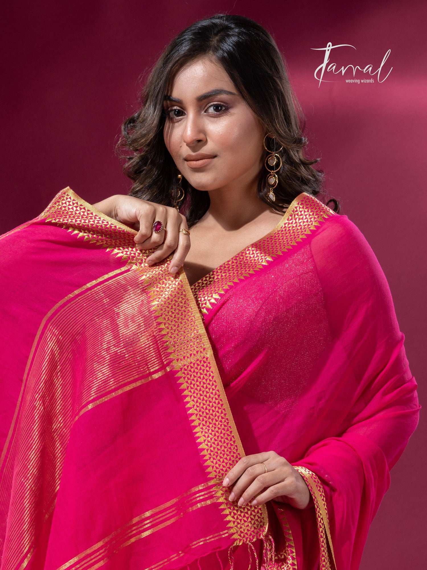 Rani with golden zari border pure mul cotton handloom saree