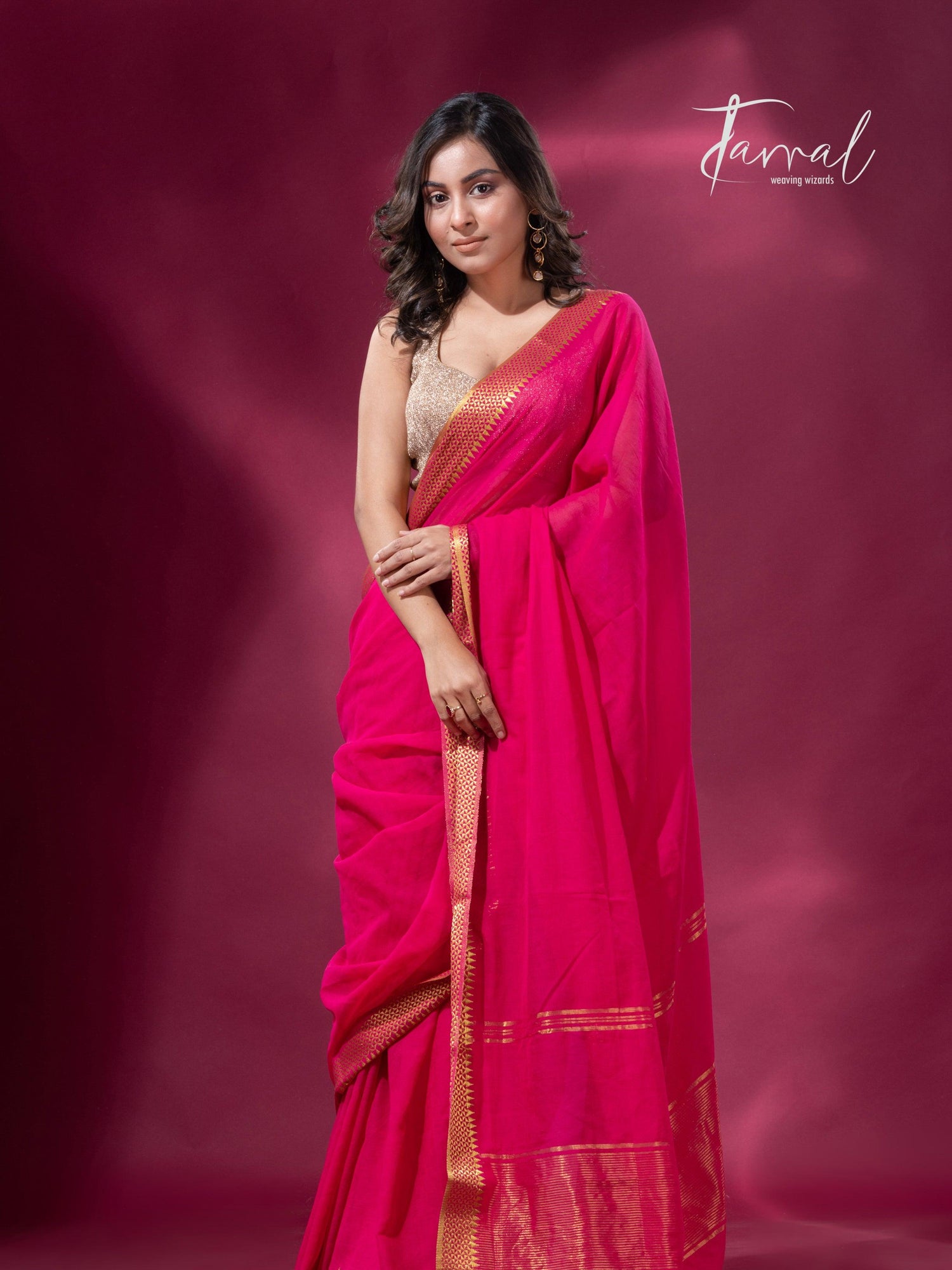 Rani with golden zari border pure mul cotton handloom saree