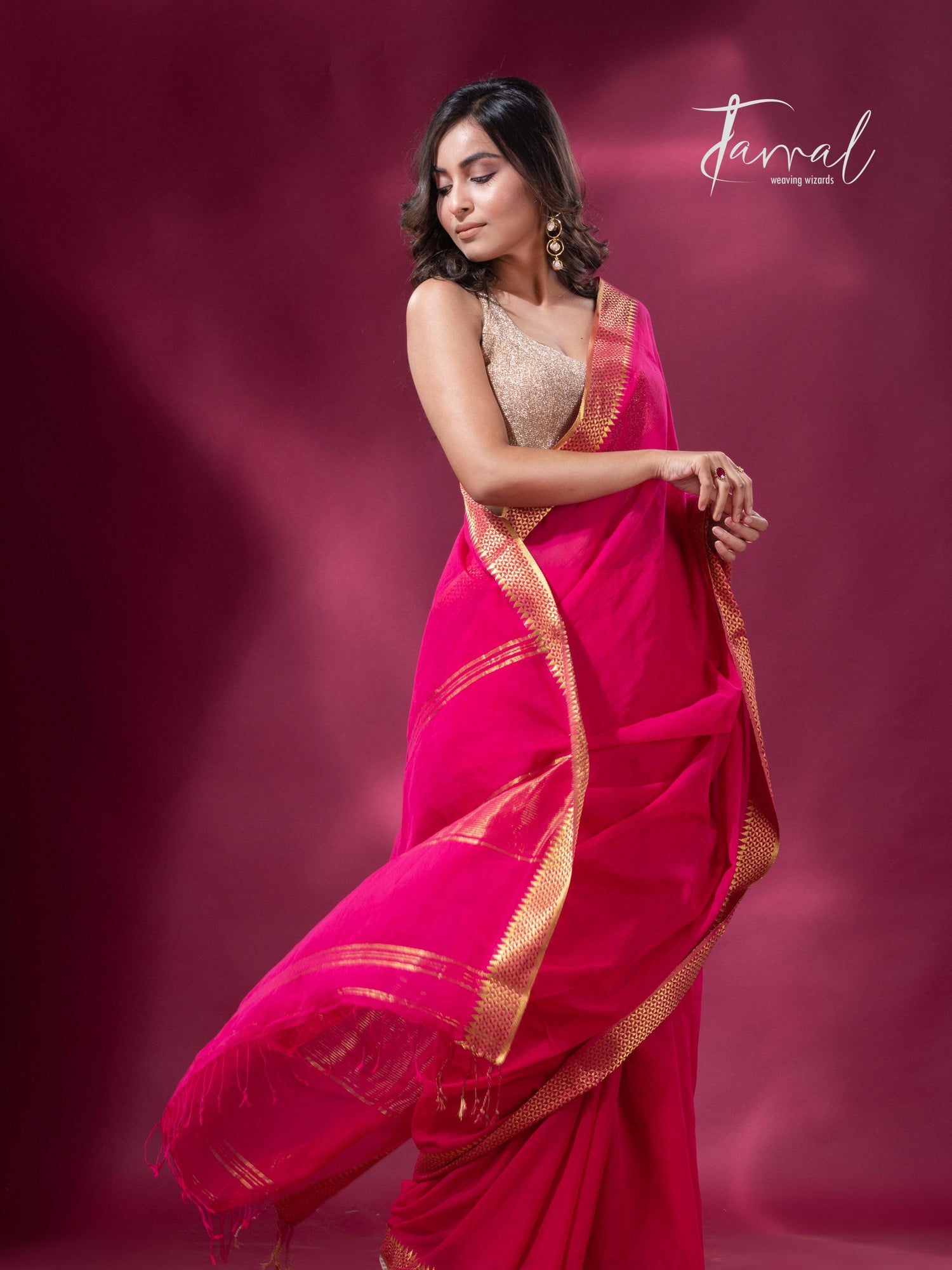 Rani with golden zari border pure mul cotton handloom saree