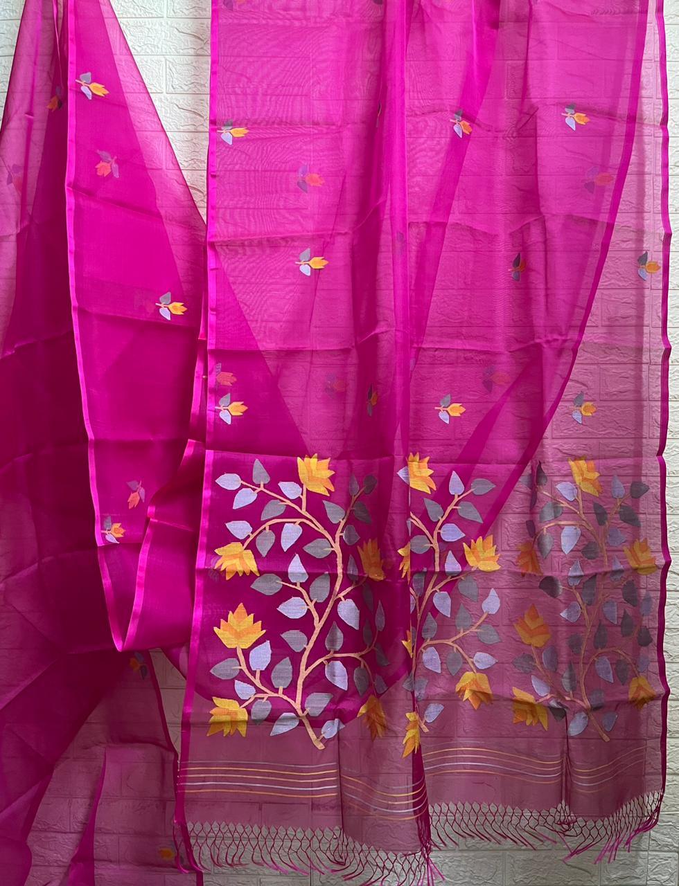 Rani with multi colour flora handwoven muslin silk jamdani saree - Tamal Boutique