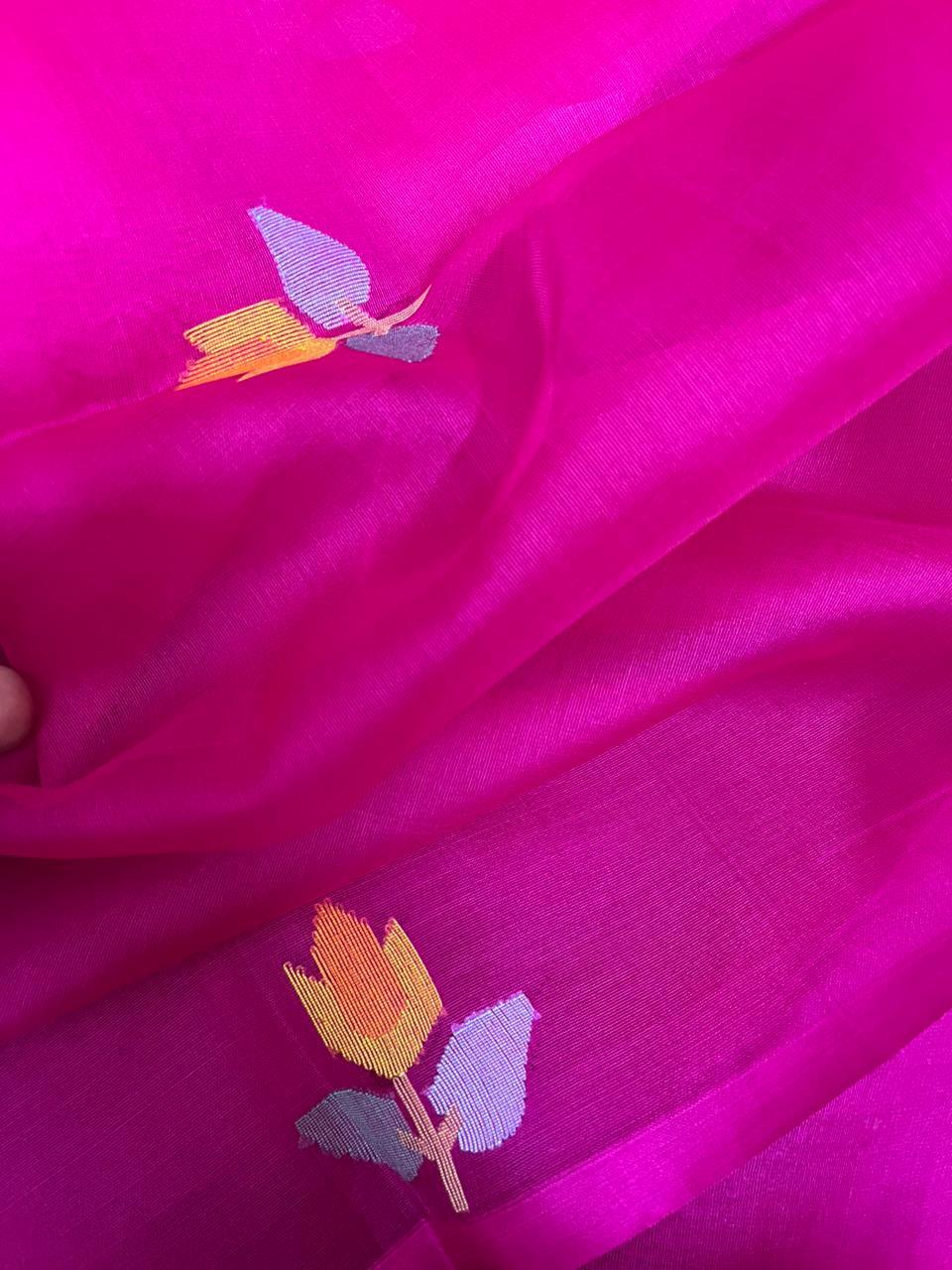 Rani with multi colour flora handwoven muslin silk jamdani saree - Tamal Boutique